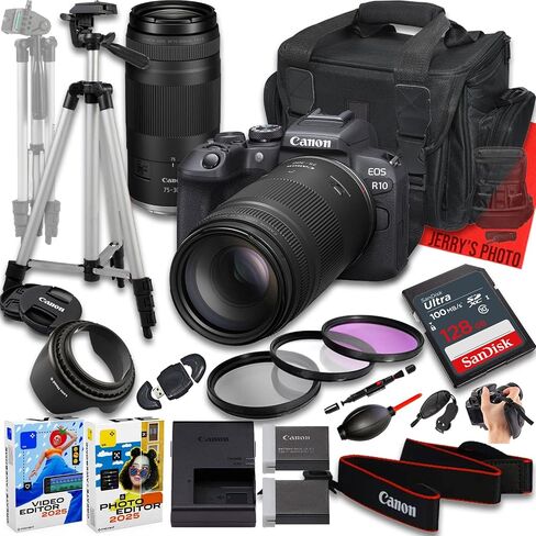 Canon EOS R10 Mirrorless Camera with RF 75-300mm f/4-5.6 Lens + 128 GB Memory + Extra Battery + Camera Case + Tripod + More (21pc Bundle) (Renewed) in Saudi Arabia