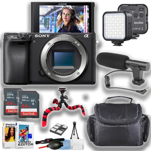 Sony A6400 Mirrorless Camera Body ONLY Vlogging/Video Creator Bundle with Portable LED Light, 64Gb Memory Card, Cleaning Kit + More (12pc Bundle) in Saudi Arabia