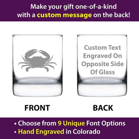Crab Whiskey Rocks Glass - Beach Themed Decor and Gifts for Ocean Lovers - Engraved Silhouette - 10.25 Oz Glasses in Kuwait