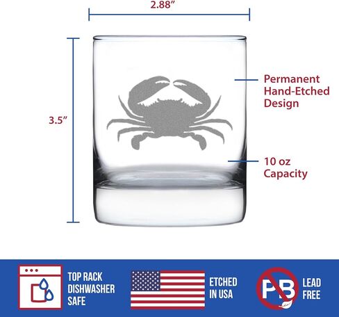 Crab Whiskey Rocks Glass - Beach Themed Decor and Gifts for Ocean Lovers - Engraved Silhouette - 10.25 Oz Glasses in Kuwait