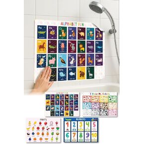 Waterproof Learning Posters for Todders 1-3 – Made in Japan – Montessori Educational Bath Poster Set of 4 – ABC, Numbers, Colors & Fruits – Tearproof, Easy-Peel Bathtub Toy for Kids in Saudi Arabia