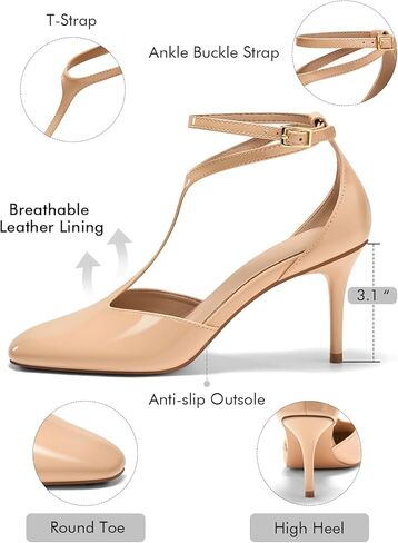 Coutgo Women's Stiletto High Cheels T-Strap Round Toe Toe Canle Boxle Pumps Wedding Dress in Kuwait