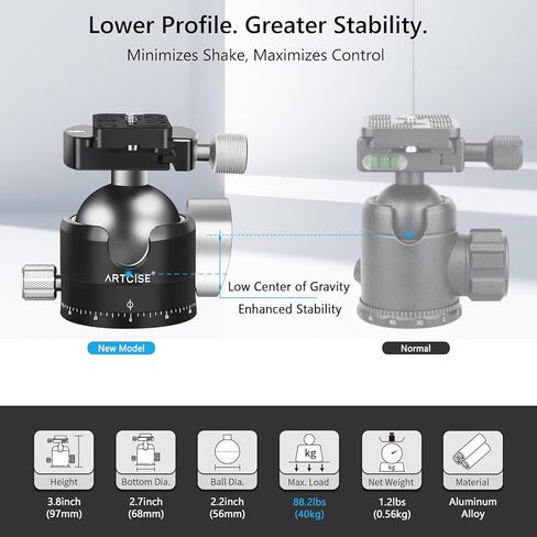 Artcise Low Profile Tripod Ball Head 56mm CNC CNC Aluminy Aluminy Arca-Swiss Panorama Heaft Duty Tripod for DSLR Camera Monopods Tripod Camcorder Max Mox Loading 88 Lbs/40kg in Kuwait