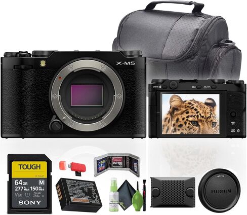 حزمة الكاميرا الرقمية Fujifilm X-M5 بدون مرآة (أسود) مع 64 جيجابايت من سلسلة ذاكرة UHS-II SDXC + طقم تنظيف + محفظة بطاقة الذاكرة + قارئ بطاقة USB ، SD/MicroSD + حقيبة السفر in Saudi Arabia