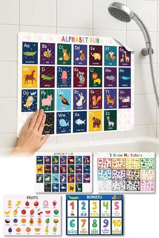 Waterproof Learning Posters for Todders 1-3 – Made in Japan – Montessori Educational Bath Poster Set of 4 – ABC, Numbers, Colors & Fruits – Tearproof, Easy-Peel Bathtub Toy for Kids in Saudi Arabia