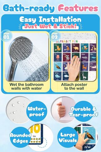 Waterproof Learning Posters for Todders 1-3 – Made in Japan – Montessori Educational Bath Poster Set of 4 – ABC, Numbers, Colors & Fruits – Tearproof, Easy-Peel Bathtub Toy for Kids in Saudi Arabia