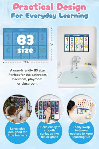 Waterproof Learning Posters for Todders 1-3 – Made in Japan – Montessori Educational Bath Poster Set of 4 – ABC, Numbers, Colors & Fruits – Tearproof, Easy-Peel Bathtub Toy for Kids in Saudi Arabia