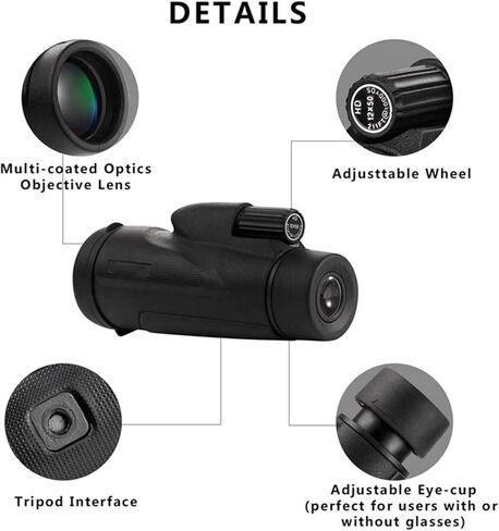 12x50 Monocular Telescope - Life Waterproof, Prism Lens, Fogproof Binocular - Smartphone Adapter and Tripod Included for Adult Bird Watching and Outdoor Travel in Saudi Arabia