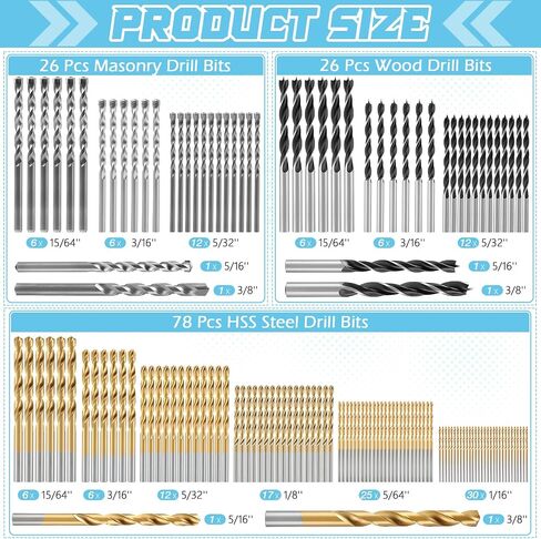 مجموعة 150 جهاز كمبيوتر مثبت ، 8 أحجام 1/16 ''-3/8 '' HSS Titanium ، Masonry و Brad Micro Drill Bits ، مجموعة البت الفولاذية متعددة Sae Twist for Wood Metal Plastic Masonry مع صندوق مفهرس التخزين الصلب in Saudi Arabia