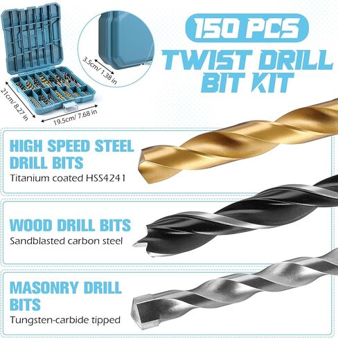 مجموعة 150 جهاز كمبيوتر مثبت ، 8 أحجام 1/16 ''-3/8 '' HSS Titanium ، Masonry و Brad Micro Drill Bits ، مجموعة البت الفولاذية متعددة Sae Twist for Wood Metal Plastic Masonry مع صندوق مفهرس التخزين الصلب in Saudi Arabia