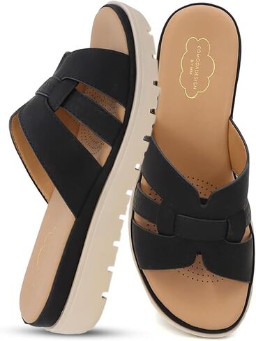 YOKI TUNSA-14 Wedge Sandals For Women With Comfort Footbed – Slip On Wedge Slides, Open Toe Shoes, Summer Dress Shoes, Casual Leather Sandals in Saudi Arabia