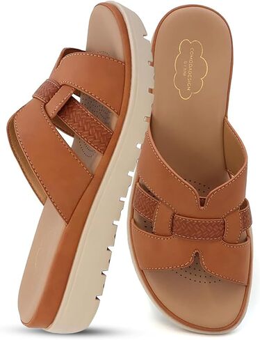 YOKI TUNSA-14 Wedge Sandals For Women With Comfort Footbed – Slip On Wedge Slides, Open Toe Shoes, Summer Dress Shoes, Casual Leather Sandals in Saudi Arabia