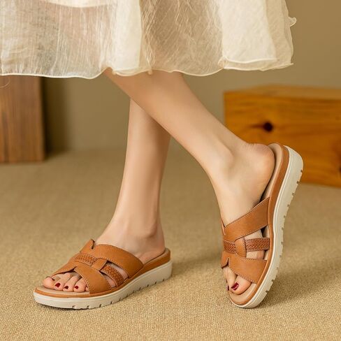 YOKI TUNSA-14 Wedge Sandals For Women With Comfort Footbed – Slip On Wedge Slides, Open Toe Shoes, Summer Dress Shoes, Casual Leather Sandals in Saudi Arabia