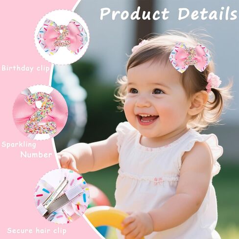 2PCS Birthday Hair Bow for Girls, 3.3’’ Sparkling Confetti Hair Clip Ice Cream Party Pink Hair Accessories for 2nd Birthday Decorations in Saudi Arabia