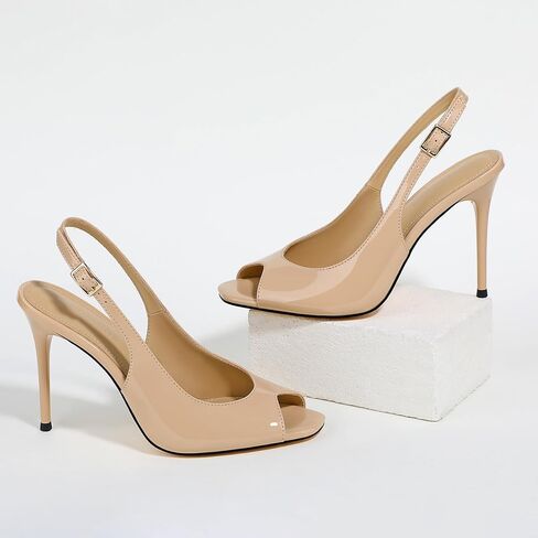 WAYDERNS Peep Toe High Heels for Women Slingback V Peep Toe Women's Pumps Patent Leather Stiletto Heels Sling Back Thin Heels Bride Party Clubbing Dress Shoes with 4 Inch Heel in Saudi Arabia