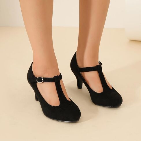 Women's T Strap Mary Jane Low Kitten Heel Pumps Closed Round Toe Retro Ankle Strap Buckle Comfortable Vintage Wedding Evening Party Dress Office Work Church Shoes in Kuwait