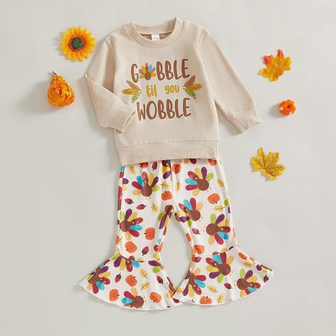 عيد الشكر طفلة الزي تودلر تركيا gobble Crewneck Sweatshirt Bell Bottants مجموعات الخريف ملابس الشتاء in Saudi Arabia