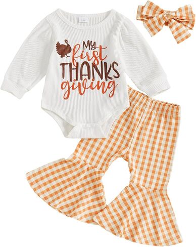 My First Thanksgiving Baby Girl Outfit Turkey Long Sleeve Romper Plaid Bell Bottom Pants Headband 3Pcs Clothes Set in Saudi Arabia