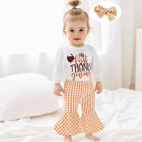 My First Thanksgiving Baby Girl Outfit Turkey Long Sleeve Romper Plaid Bell Bottom Pants Headband 3Pcs Clothes Set in Saudi Arabia