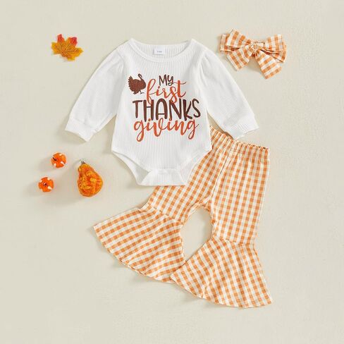 My First Thanksgiving Baby Girl Outfit Turkey Long Sleeve Romper Plaid Bell Bottom Pants Headband 3Pcs Clothes Set in Saudi Arabia