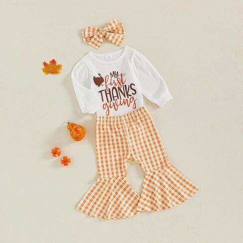 My First Thanksgiving Baby Girl Outfit Turkey Long Sleeve Romper Plaid Bell Bottom Pants Headband 3Pcs Clothes Set in Saudi Arabia