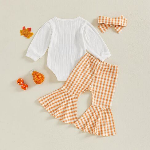 My First Thanksgiving Baby Girl Outfit Turkey Long Sleeve Romper Plaid Bell Bottom Pants Headband 3Pcs Clothes Set in Saudi Arabia