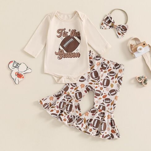 Baby Girl Football Outfit Cotton Funny Letters Print Game Day Romper+Pants+Headband 3 Pcs Fall Clothes Set in Saudi Arabia