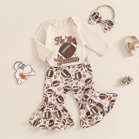 Baby Girl Football Outfit Cotton Funny Letters Print Game Day Romper+Pants+Headband 3 Pcs Fall Clothes Set in Saudi Arabia
