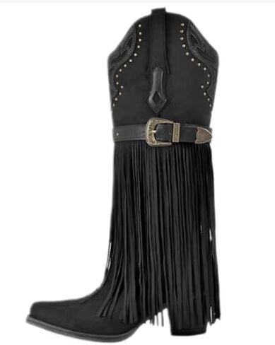 Fancyqueen Fringe Cowboy Boots for Women Wide Calf ، Fashion مدببة إصبع القدم بأحذية Cowgirl Womens Western Boot ، كعب مكتنزة ، مطرزة in Saudi Arabia