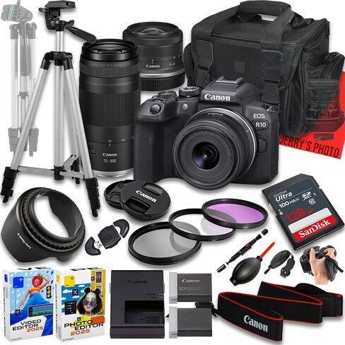 Canon EOS R10 Mirrorless Camera with RF-S 18-45mm f/4.5-6.3 is STM and RF 75-300mm f/4-5.6 Lens + 128 GB Memory + Extra Battery + Camera Case + Tripod + More (24pc Bundle) (Renewed) in Saudi Arabia