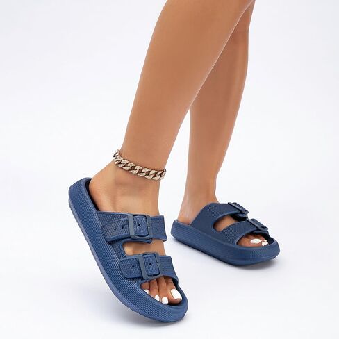 Double Buckle Adjustable Slides Sandals for Women and Men Casual Pillow Slippers for Womens EVA Flat Slides Sandals in Kuwait