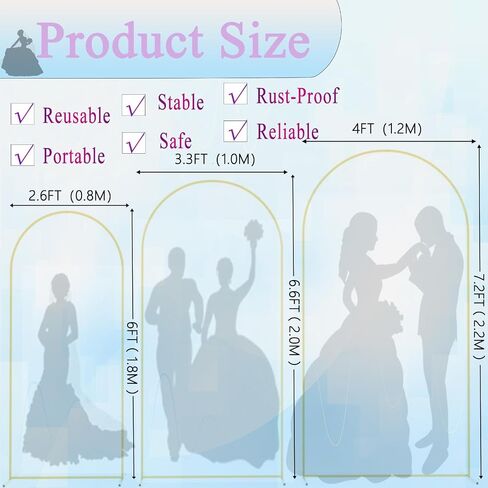PADTIC Wedding Arch Backdrop Stand,Set of 3 Gold Metal Arch Stand,7.2FT,6.6FT,6FT Arched Backdrop Frame, Balloon Arched Backdrop Stand for Birthday Party Wedding Ceremony Baby Shower Graduation Decor in Kuwait