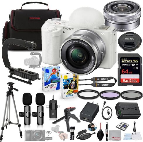 كاميرا Sony ZV-E10 بدون مرآة مع حزمة من 16-50 مم (أبيض) / حزمة ميكروفون لاسلكية + حزمة ملحقات بما في ذلك الذاكرة المتطرفة 64 جيجابايت و U-GRIP و CASE و TRIPOD والبرامج والمزيد (30 عنصرًا) in Saudi Arabia