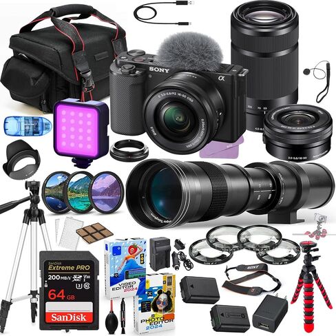 كاميرا Sony ZV-E10 بدون مرآة مع حزمة عدسة 16-50 مم و 55-210 مم + 420-800mm Zoom Lens + Premium Cancled Package بما في ذلك ذاكرة متطرفة 64 جيجابايت ، LED ، البرامج والمزيد (38 قطعة) in Saudi Arabia