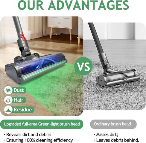 ترقية رأس الفرشاة الخضراء LED LED Green Light Direct Direct Direct Lead لـ Dyson V7 و V8 و Cyclone V10 و V11 و V15 Cordless Cleaners مناسبة للسجاد والسجاد والأرضية الصلبة والأوساخ المخفية in Kuwait