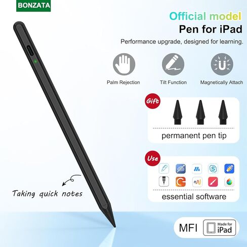 قلم شاشة لجهاز iPad، ترقية قلم iPad الاحترافي مع شحن سريع لمدة 5-30 دقيقة، قلم iPad للطلاب في الفصل الدراسي، وتدوين الملاحظات، والرسم، وقلم Apple متوافق مع iPad/Mini/Air/Pro، أسود in Kuwait