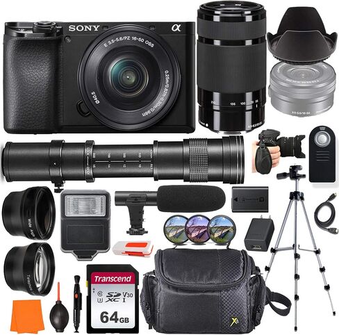 Sony Alpha A6100 Digital Digital Camera مع عدسة Telephoto من 16-50 مم و 55-210 مم + 420-800 مم عدسة تليفوتوغرافية + عدسة تحويل بزاوية واسعة الزاوية وبطاقة ذاكرة 64 جيجابايت ، ميكروفون ، فلاش رقمي وأكثر ... in Saudi Arabia