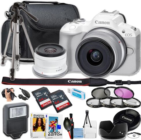 Canon EOS R50 Mirrorless Camera with 18-45mm Lens + 128GB Memory, Filters, Case, Tripod, Flash, Software, and More (18pc Bundle) (White) (Renewed) in Saudi Arabia