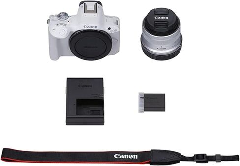 Canon EOS R50 Mirrorless Camera with 18-45mm Lens + 128GB Memory, Filters, Case, Tripod, Flash, Software, and More (18pc Bundle) (White) (Renewed) in Saudi Arabia