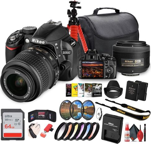 Nikon D3100 DSLR Camera Kit with 18-55mm VR Lens – Beginner-Friendly & Compact (25472) + Photo Software + Camera Bag + 64GB Memory Card + Tripod + Cleaning Kit + Hand Strap + More (Renewed) in Saudi Arabia