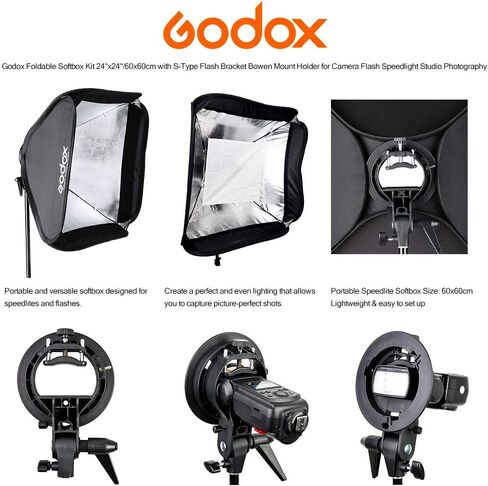 GODOX Foldable Softbox Kit 24"x24"/60x60cm with S-Type Flash Bracket Bowen Mount Holder for Camera Flash Speedlight Studio Photography (Softbox Kit 60x60 +S-Type) in Saudi Arabia