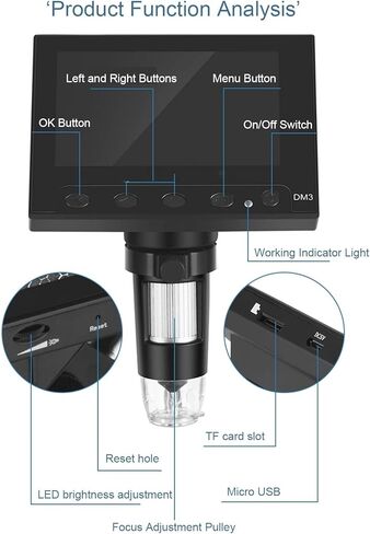 4.3 "مجهر رقمي LCD ، تكبير 1000X ، مصابيح LED قابلة للتعديل لحزام الماس ، فحص العملة ، إصلاح الإلكترونيات ، مزود الطاقة المزدوج - مثالي للهواة والمهنيين in Kuwait