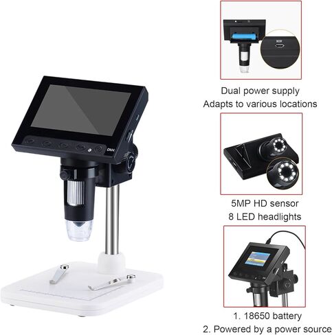 4.3 "مجهر رقمي LCD ، تكبير 1000X ، مصابيح LED قابلة للتعديل لحزام الماس ، فحص العملة ، إصلاح الإلكترونيات ، مزود الطاقة المزدوج - مثالي للهواة والمهنيين in Kuwait