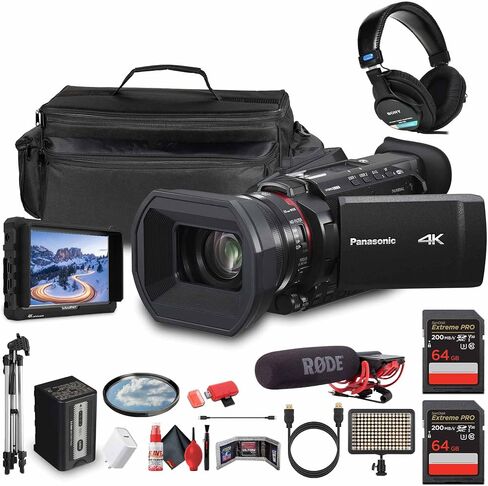 Panasonic HC-X1200 UHD 4K HDMI Lightweight Compact Camcorder with 24x Zoom (HC-X1200) + Mic + Monitor + Pro Headphones + Case + LED Light + Tripod + 2 x 64GB Memory Card + USB-C Cable + More in Saudi Arabia