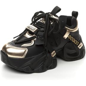 Women's Genuine Leather Platform Sneakers - 5.5CM Lightweight Thick Sole Retro Fashion Walking Shoes, Non-Slip Gym Casual Shoes for Travel, Work, Comfort Daily Wear (Gold/Black) in Saudi Arabia