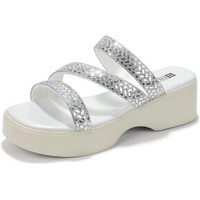 Idifu in2 Rhinestone Platform Standals للنساء اللامع لضيق منخفضة مربع مربع صندل إسفين مريحة مريحة في الصيف الشاطئ حفل زفاف أعننى زلة لامعة على شرائح اللباس in Kuwait