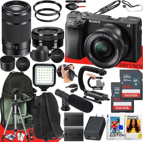 Sony a6400 Mirrorless Camera with Sony E PZ 16-50mm f/3.5-5.6 OSS and E 55-210mm f/4.5-6.3 OSS Lens + 2pc 64 GB Memory + Video LED Light + Mic + More (35pc Bundle) in Saudi Arabia