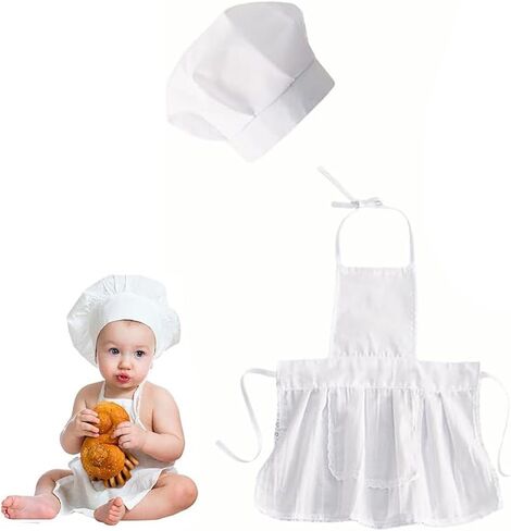1 Set White Baby Apron and Chef Hat Infant Mini Chef Outfit Toddler White Baker Costume photoshoot props newborn photography outfit (Baby, 6-24 Months) in Kuwait