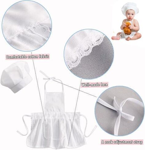 1 Set White Baby Apron and Chef Hat Infant Mini Chef Outfit Toddler White Baker Costume photoshoot props newborn photography outfit (Baby, 6-24 Months) in Kuwait