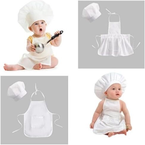 1 Set White Baby Apron and Chef Hat Infant Mini Chef Outfit Toddler White Baker Costume photoshoot props newborn photography outfit (Baby, 6-24 Months) in Kuwait